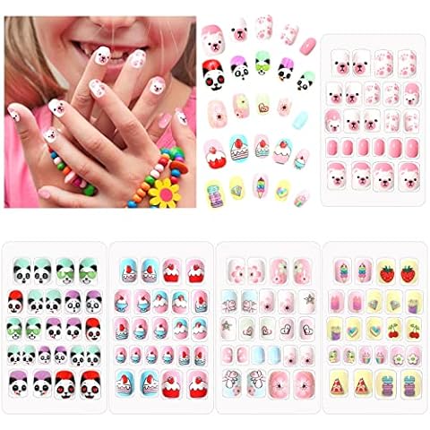 120PCS Kids False Nails,Scettar Kids Press on Nails Kids Stick on Nails Full Cover Kids Nails for Girls Kids Gift DIY Nail Art Decor 4 Boxes (Different Patterns) Cover