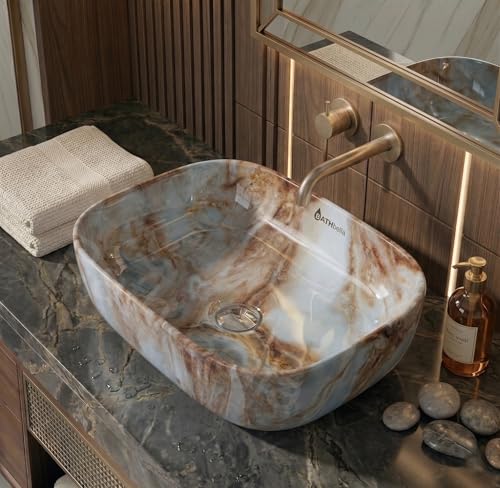 Image of Designer Ceramic Wash Basin For Bathroom | Over Counter Bathroom Basin | Counter Top Bathroom Sink | Wash Basin For Restaurant, Hotel (18 x13 x 5 Inch) (138)