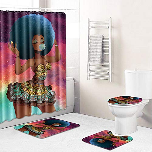 Claean-Acces-Home Toilettendeckelbezug Afrikanische Mädchen Unterirdische Duschvorhang-Toilette Three-Trasche Badezimmerkissen-Fznh5_45 * 75 + 180 * 180 cm