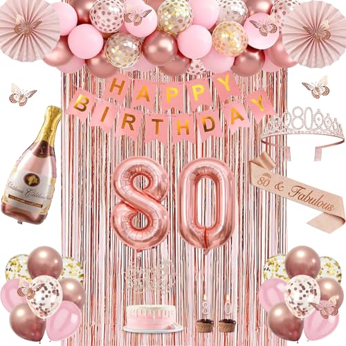 80th Birthday Decorations for Women Rose Gold 80th Birthday Decorations 80 Sash and Crown Banner Fringe Curtains Hanging Paper Fans 80 Year Old Party Supplies Set