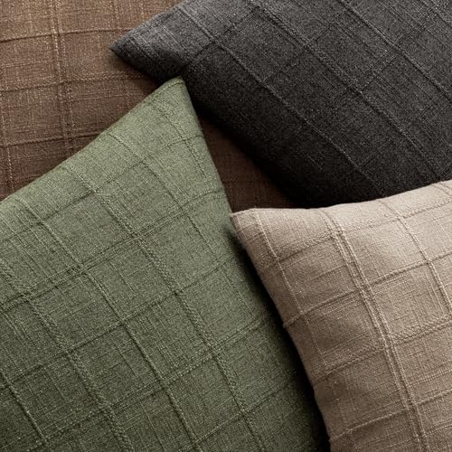 Image of Foindtower Set of 1 Decorative Linen Check Throw Pillow Cover Neutral Farmhouse Vintage Cushion Cover Modern Boho Home Decor for Sofa Chair Couch Bedroom Living Room,26x26 Inch,Olive Green