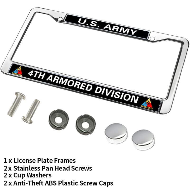 Image of US Army 4TH Armored Division Metal License Plate Frame Chrome,Veteran US Army Chrome License Plate Frame Tag Universal to fit