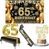65th Birthday Decorations Men Women with 65th Birthday Banner, Black and Gold Table Cloth, Number Balloons, Large Sash, Cake Topper and Candles