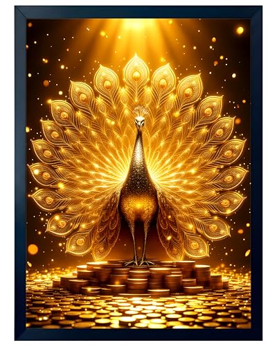 Image of ARTFUL TOY BOX - Golden Peacock Photo Frame Wall Art for Home Decor | Prosperity, Beauty & Positive Energy Vastu Wall Decor for Living Room & Office | HD Glossy Print | Premium Fiber Black Frame - 12x18 Inch (30x45 cm) (Design 8)