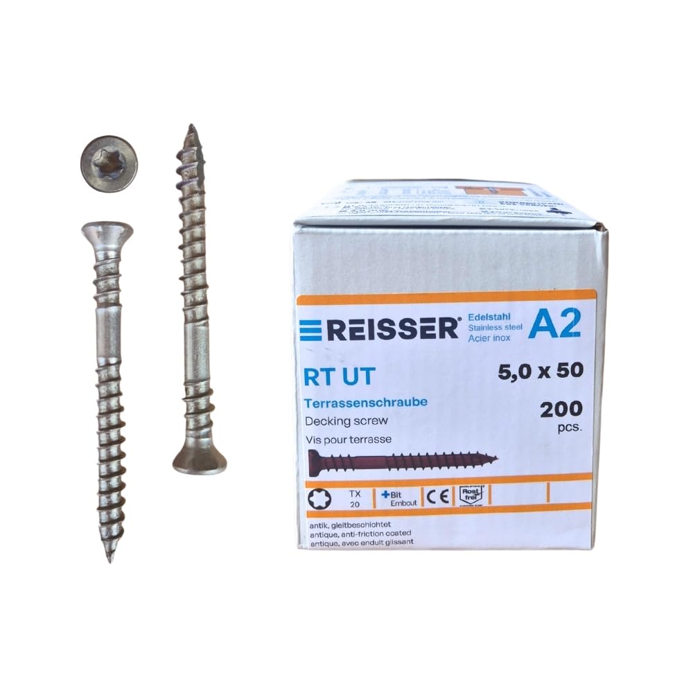 REISSER - Boîte de 200 vis pour terrasse bois - Revêtement Antique - diamètre 5 x 50 mm - Acier inox A2 - Empreinte Torx TX20 - tête fraisée - Embout OFFERT