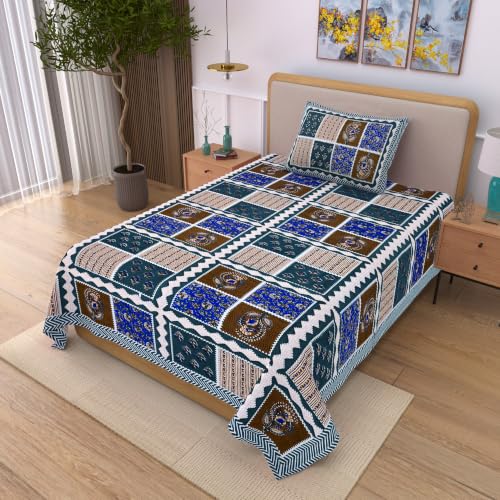 Image of 100% Cotton Single Bedsheet with 1 Pillow Cover | 240 TC Pure Cotton Flat Bed Sheet | Traditional Jaipuri Printed Bedding Set | Soft & Breathable | 60 x 90 Inch (Rangmahal Single 61)