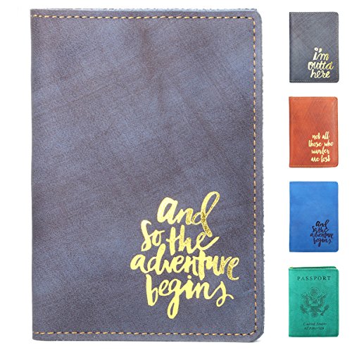 SanSiDo RFID Blocking Leather Passport Cover Passport Holder Travel Wallet Passport Wallet Case - FULL GRAIN LEATHER (Navy-Gold)