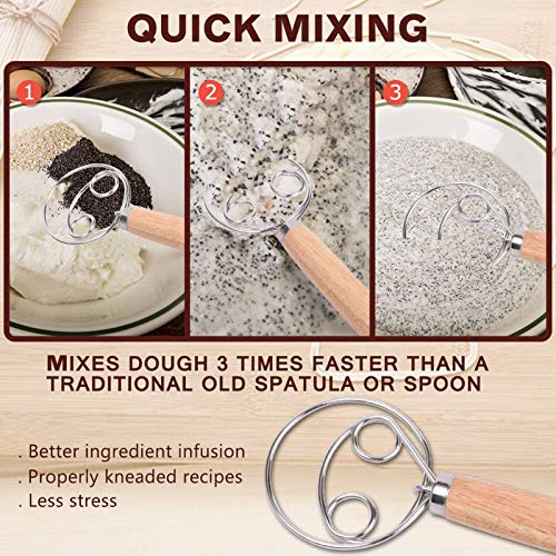 Danish Dough Whisk Bread Mixer Set, Hook Dutch Whisk and Dough Scraper with 4 Replacement Blades for Bread Dough, Pastry or Pizza Dough - Perfect for Baking