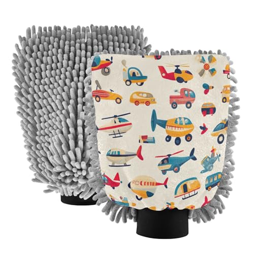 STAYTOP Cartoon Airplane Car Wash Mitt Microfiber, 2Pcs Scratch Free Lint-Free, Premium Chenille Microfiber Mitt Car Wash Brush-L