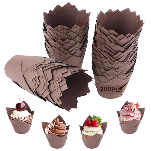 200 Piezas Tazas de Papel de Pastel de Tulipán, Moldes de Papel para Magdalenas, Forma Tulipán a Prueba Grasa, para Horneado,Cafeterías,Pastelerías (Brown)