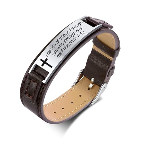 Qingduo Philippians 4:13 Bible Verses Bracelets Religious Stainless Steel Id+Leather Inspirational Quote Cross Bracelets Faith Christian Bible Verse Wristband Religious Gifts For Men Women Birthday,Green,Closed #TOP16