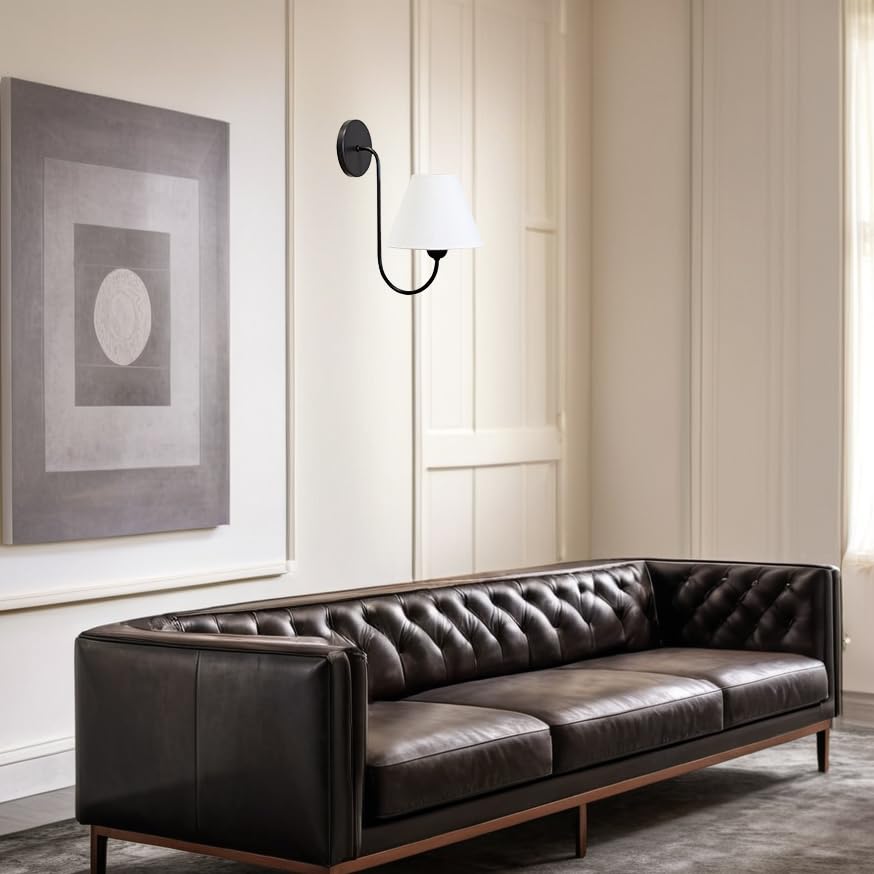 Image of Vintage White Linen Single Wall Sconce, Retro Swoop Wall Lamp with Metal Matte Black Pole, Gooseneck Light Fixture Design for Elegant Home Lighting, Bedroom
