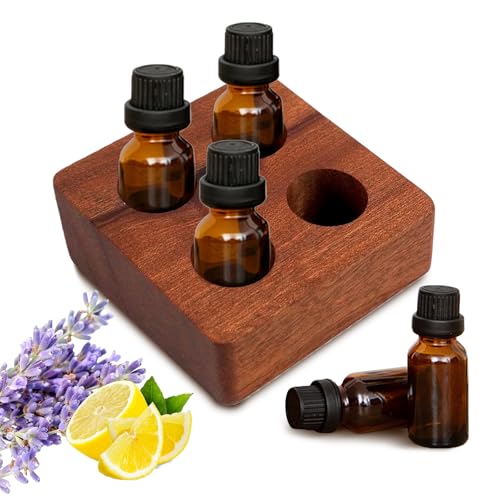 Image of VolksRose Angled Wenge Essential Oil Organizer for 5-20ml Bottles - 4 Hole Mini Storage Holder, Compact Display Stand for Travelers, Oil Beginners, Aromatherapy Countertop Shelf for Home & Spa