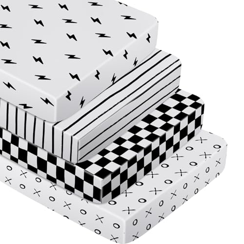 Image of Moukeren 4 Pcs Black and White Crib Sheets for Baby Microfiber Baby Bassinet Soft Sheets Crib 52" x 28" for Standard Cribs Nursery Bedding