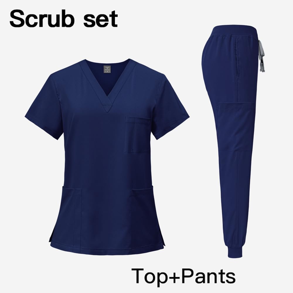 Chesoon Uniformes médicos para Mujer Hombre Camiseta con Cuello en V y pantalón de chándal Cintura elástica 3 Bolsillos en la Parte Superior y en los Pantalones