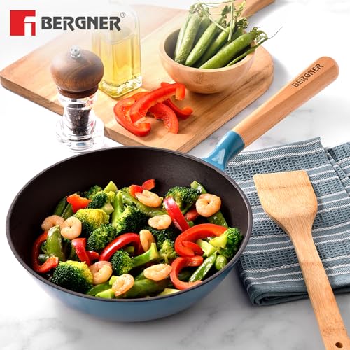 Image of BERGNER Excalibur Lightweight Cast Iron Wok 24cm (2L), Sturdy Wooden Handle, Non-Stick Coating, PFAS Free, Perfect Heat Distribution, Elegant Design - Induction and Gas Stove Ready (Blue)