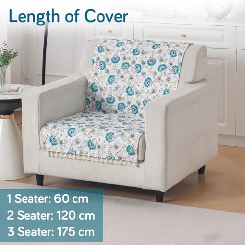 Image of HOKIPO Cerulean Bloom Quilted Sofa Cover for 1 Seater with Tassels for Seat & Back, 'Tassel Twigs' Series (IN-989-T6)