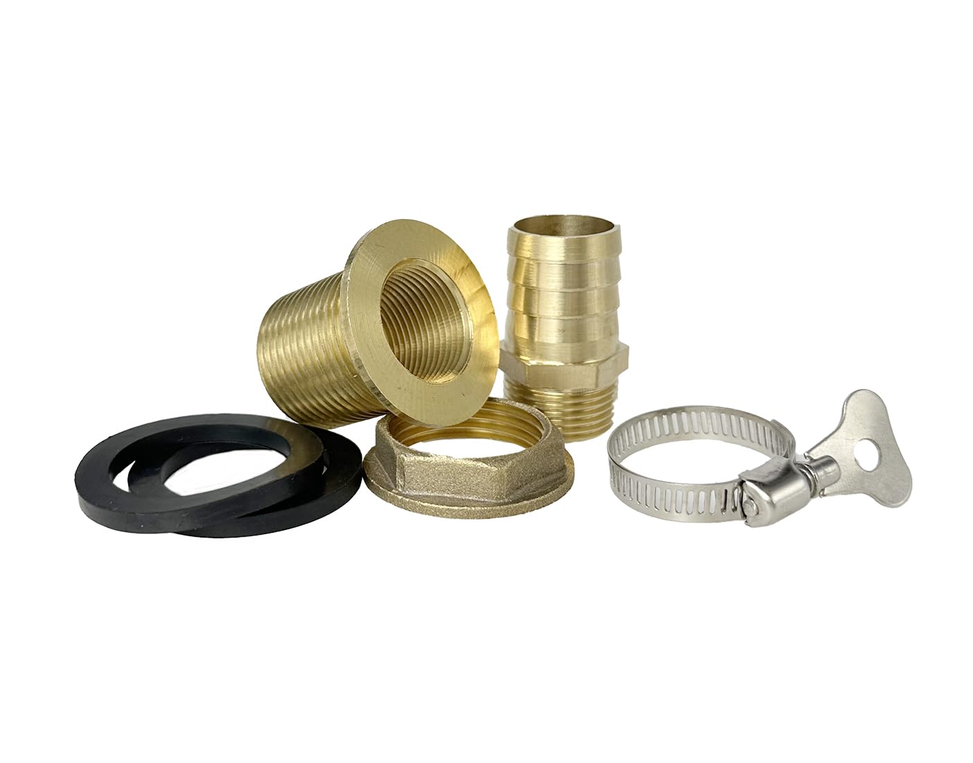 Kit de conector de latón macizo para agua – Rosca hembra de 3/4 pulgadas, rosca macho de 1 pulgada, lengüeta de manguera de 25 mm con sellos y abrazadera – Adaptador de tanque de barril de lluvia a