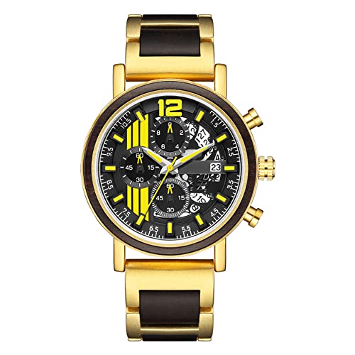 ADJAN Multifunction Wooden Watches Mens Chronograph Quartz Calendar Watch Ebony Maple Red Sandalwood Clock Full Wood Strap Male Reloj,Gold Steel Wood