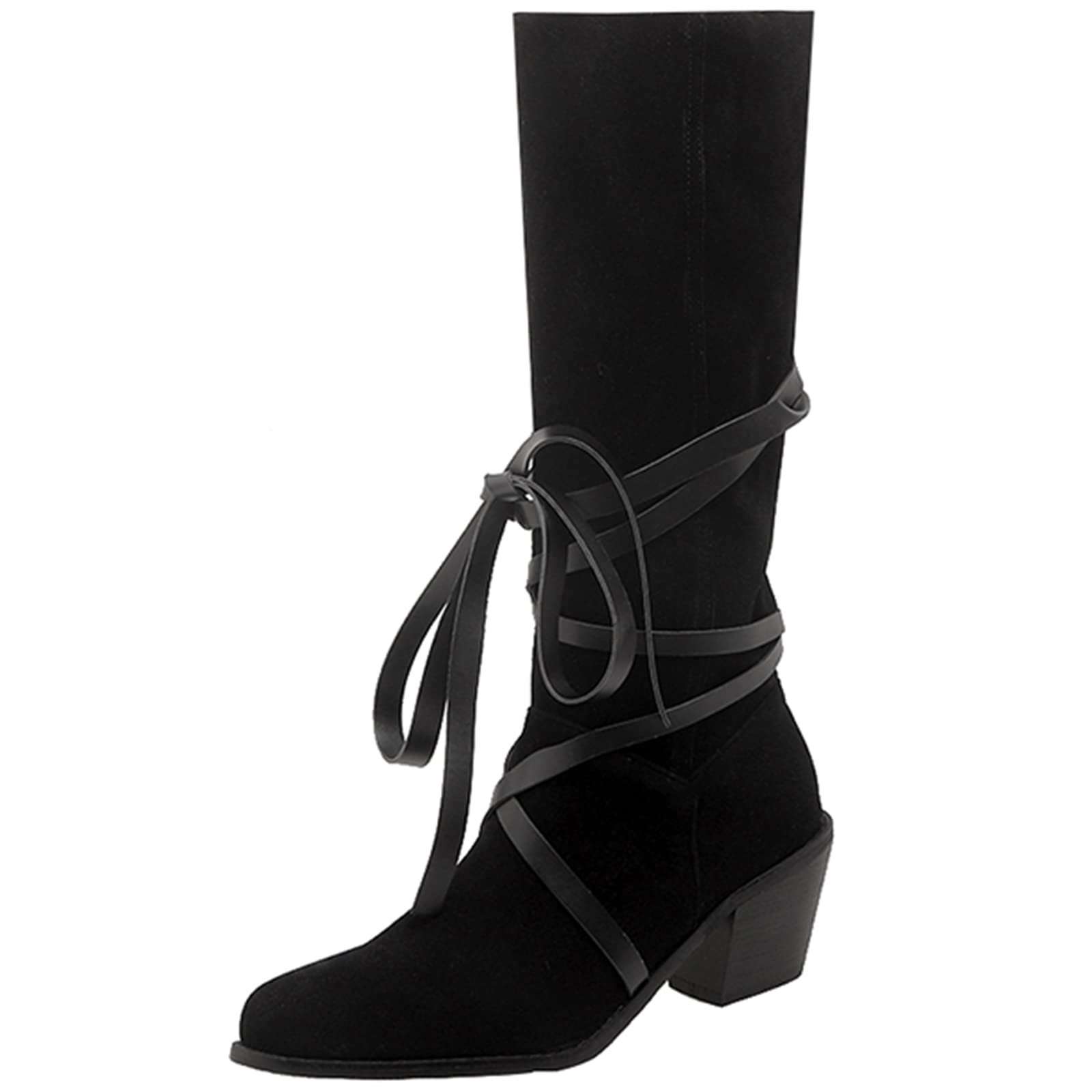 CUTEHEELS Damskie buty w stylu vintage, wsuwane na kolanach, wysokie i średnie łydki, z obcasami blokowymi i spiczastym noskiem, czarny, 42 EU
