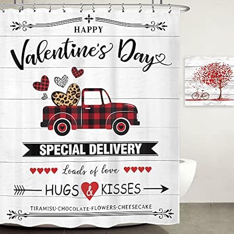 LIGHTINHOME Happy Valentine’s Day Shower Curtain 60Wx72H Inches Rustic Truck Special Delivery Loads of Love Hugs Kisses Heart Farmhouse Bathroom Home Decor Fabric Waterproof Polyester Set 12 Hooks Cover