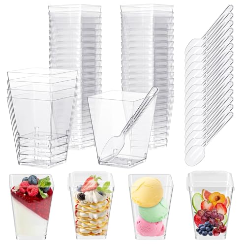 Holtrae 40 Piezas 5oz/160ml Vasitos para postres con Cucharas,Vasos de postre cuadrados reutilizables,Tazas de postre de plástico Vasitos,Para postres familiares,Pudines,Helado,Mousse,Bodas,Cumpleaños