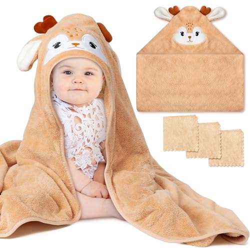 Image of Zainpe 4Pcs Baby Animal Character Hooded Towel & Washcloth Set Brown Coral Fleece Soft Absorbent Cute Deer Bath Towel Blanket Hand Towels Infant Shower Gifts for Newborn Toddler Essential