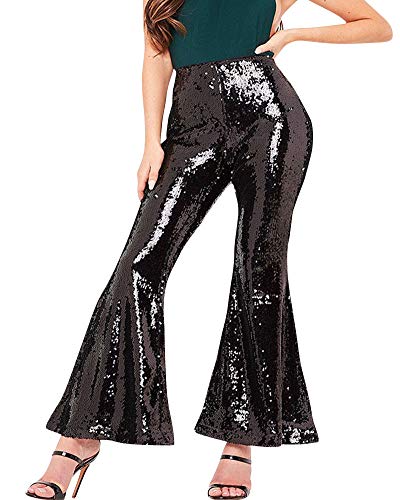 Mengmiao Mujer Pantalones Acampanados Cintura Alta Elástica Brillando Lentejuelas Pants Negro S Cover