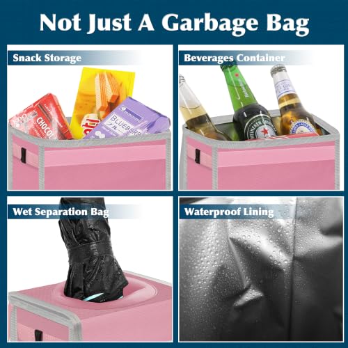 Image of Femuar Leak Proof Car Trash Can with Lid, Collapsible Hanging Waterproof Car Trash Bag with Mesh Pocket for SUV Front Seat Headrest, Light Pink
