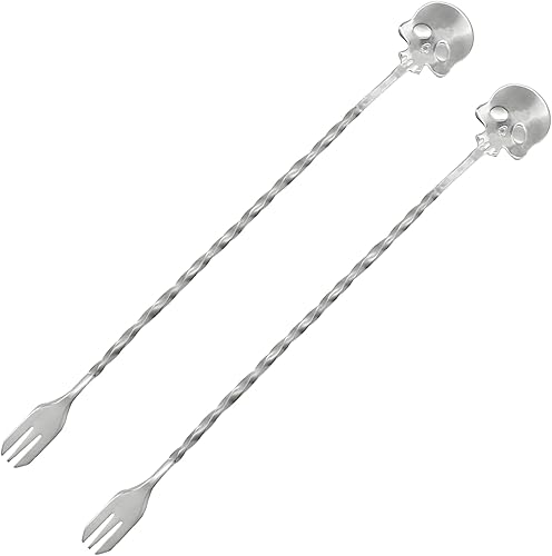 2 cucharas de barra de calavera y tenedor con patrón espirial, mango largo de 9.8 pulgadas, cuchara coctelera de acero inoxidable 18/10 para