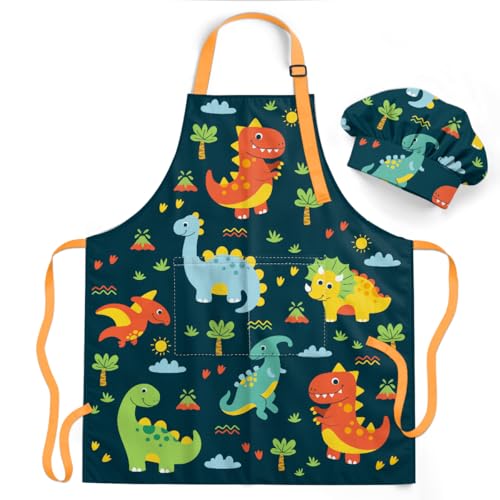 Dinosaur Kid Apron for Boys with Pocket & Chef Hat Polyester Baking Painting Apron Gift for Christmas Birthday