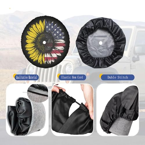 Image of American Flag Sunflower Spare Tire Cover with Backup Camera Hole Universal Fit for Wrangler Rv SUV Truck Travel Trailer JL, Waterproof Dust-Proof Leather Wheel Protectors