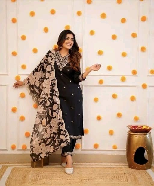 Image of Women's Viscose Rayon Kurta, Pant & Dupatta Set Embroidered Work V Neck 3 /4th Sleeves Straight Salwar Suit Dupatta Set || Comfortable Outfit For Wedding