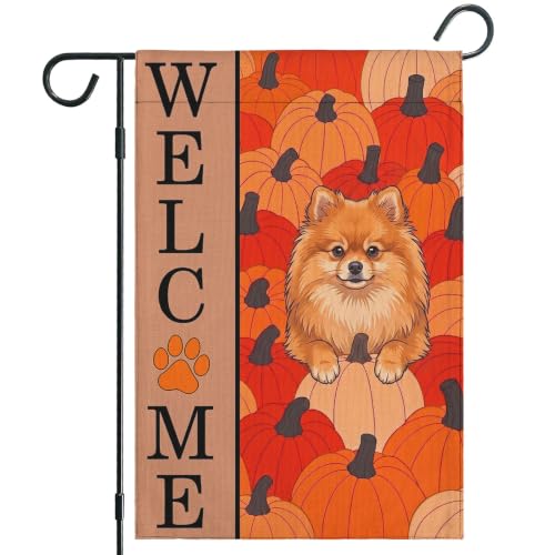 Image of Pomeranian Flag for Yard Outdoor, Pumpkins Fall Decor