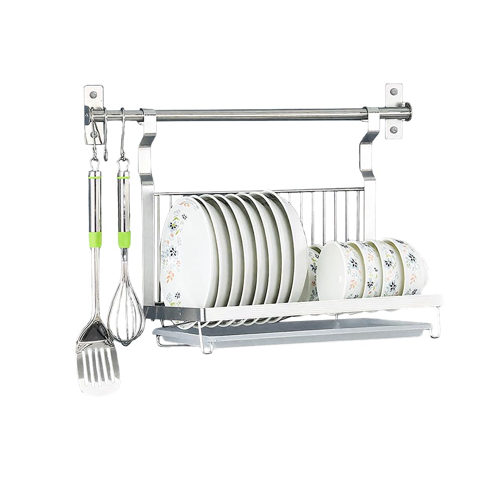 TentHome Egouttoir Vaisselle INOX Pliable Murale avec 5 Crochets, Égouttoir à Vaisselle Petit avec Plateau, Seche Porte Support Ustensiles Cuisine Assiette Bol Mural, Sechoir Rangement Vaisselle