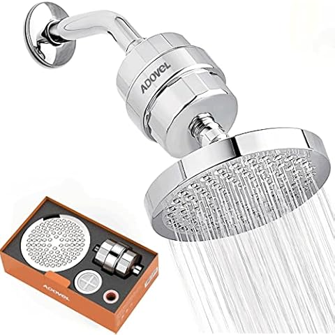ADOVEL High Output Shower Head and Hard Water Filter, 15 Stage Shower Filter Removes Chlorine & Harmful Substances, Water Softener Showerhead for Bathroom, Rain Shower, 1 Replaceable Filter Cartridge Cover