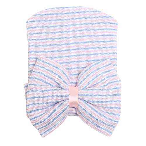 Vpogn Newborn Baby Girl Hospital Hat with Bowknot Toddler Infant Hat Baby Beanie Caps (Blue+White+Pink, 0-3 Months)