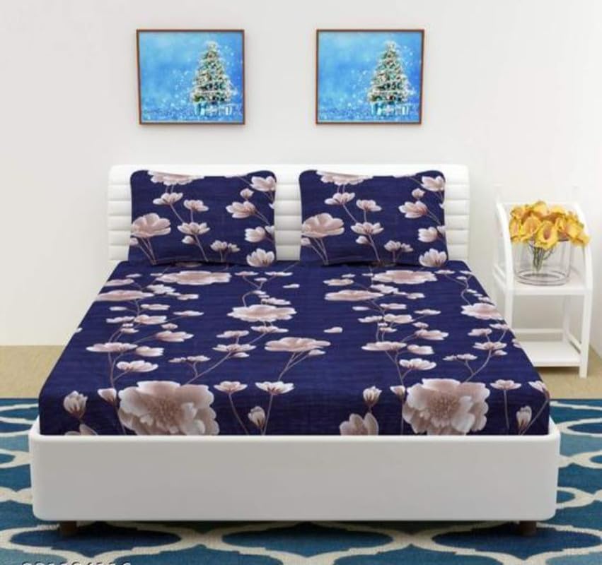 Geeta Homes Glace Cotton Fitted 1 Bedsheet King Size (72"x78") | All Around Elastic | Cotton Feel | 2 Pillow Covers (17"x27") | Fits Up to 8" Mattress | 220 TC | Printed Double Bed Sheet B2830