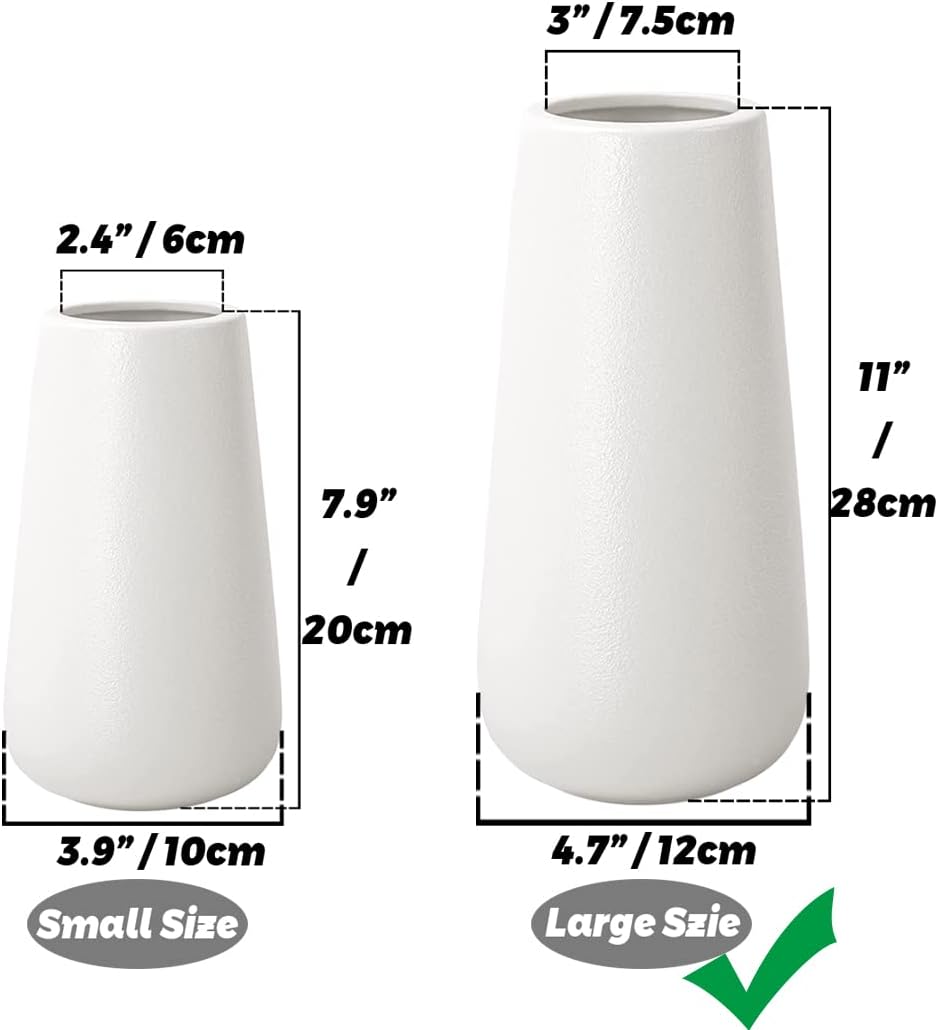 11 Inch Tall Matt White Ceramic Vase for Flowers & Pampas Grass, Classic Rustic Style Decorative Vases for Home Decor Table Centerpieces - Image 2