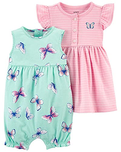 Image of Carter's Baby Girls' 2-Pack Romper, Butterfly/Turquoise/Pink, 18 Months