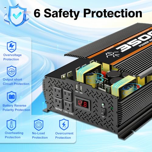 3500 Watt 12v Power Inverter for Vehicles car Truck RV Solar, dc 12v to 110v ac Converter with 4 AC Power Outlets 2 USB Ports LCD Display-3500W