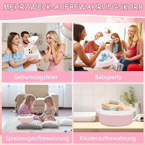 Geschenkkorb Leer, Aufbewahrungskorb, Geflochten Korb für Geschenke mit Geschenktüten und Bändern, Präsentkorb Leer für Geburtstag, Hochzeit, Babyparty, Erntedank, Weihnachten (Rosa und Weiß)