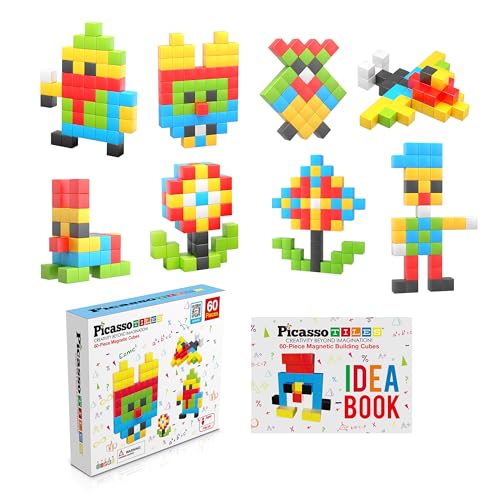 PicassoTiles 60 Pieces 1″ Magnetic Building Blocks, 3D Construction Cubes Magnet Sensory Toys Gifts with Free Idea Book for Kids, Toddlers & Babies – PMC60