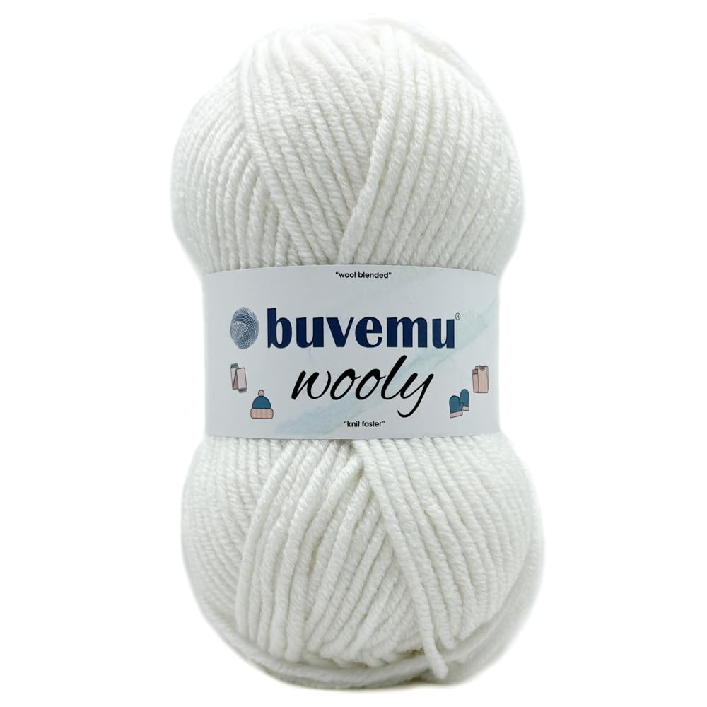 Wooly Soft Fluffy Bulky Weight #5 Wool Blended Fast Knitting Crocheting Yarn, 25% Wool 75% Acrylic, 100 Gram (3.53 Ounces) 109 Yards (100 Meters) (White)