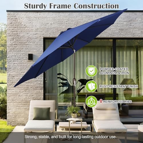 Image of Blissun 10FT Patio Umbrella, Outdoor Table Umbrella, Yard Umbrella, Market Umbrella with 8 Sturdy Ribs, Push Button Tilt and Crank, Navy Blue