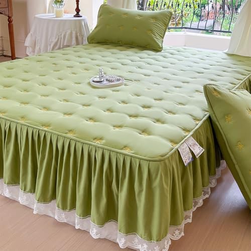 KanDuo Sábanas Ajustables,Falda Acolchada Plisada con Volantes, Falda De Cama con Lazo Lindo Estilo Princesa Geométrica Minimalista(Green,120x200cm/Twin XL)