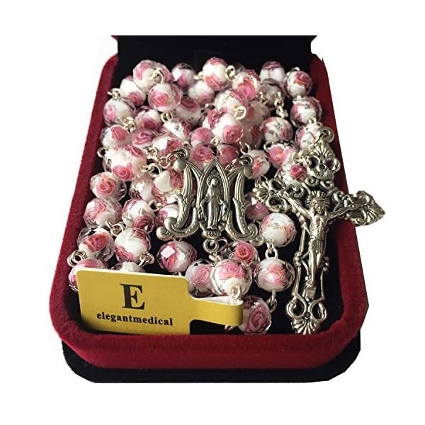 elegantmedical Handmade ROSE PINK Veluriyam ROSE BEADS ROSARY & ITALY CROSS MEDAL Catholic necklace GIFT BOX