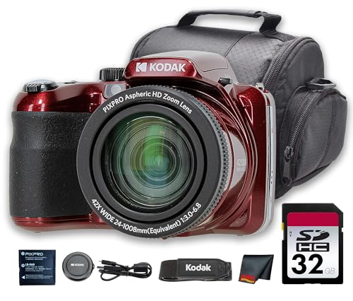 Image of Kodak PIXPRO AZ425 Digital Camera (Red) | 20MP Sensor, 42x Optical Zoom, 24mm Wide-Angle Lens & Optical Image Stabilization | Great for Travel & Everyday Photos (AZ425RD) + 32GB Card + Bag + Cloth