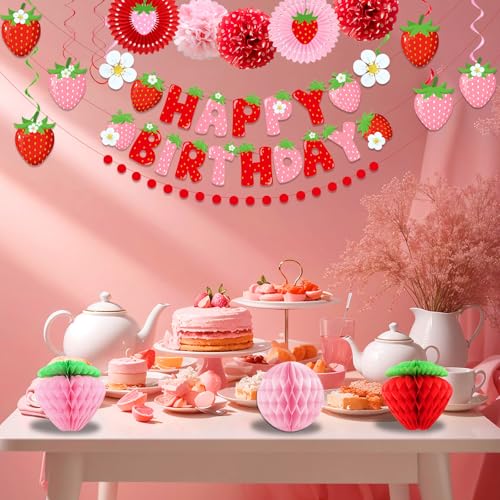 Image of Strawberry Birthday Decorations for Girls, Red Pink White Strawberry Birthday Banner with Tissue Pom Poms Fans Honeycomb Balls Polka Dot Garland and Hanging Swirls Berry Hanging Decor Centerpieces