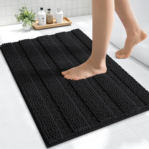 Image of Smiry Thick Small Chenille Bathroom Rugs 24x16, Extra Soft Absorbent Striped Bath Mat, Machine Washable, Rubber Backing, Bath Rugs for Tub & Shower, Modern Home Decor Accessories, Black